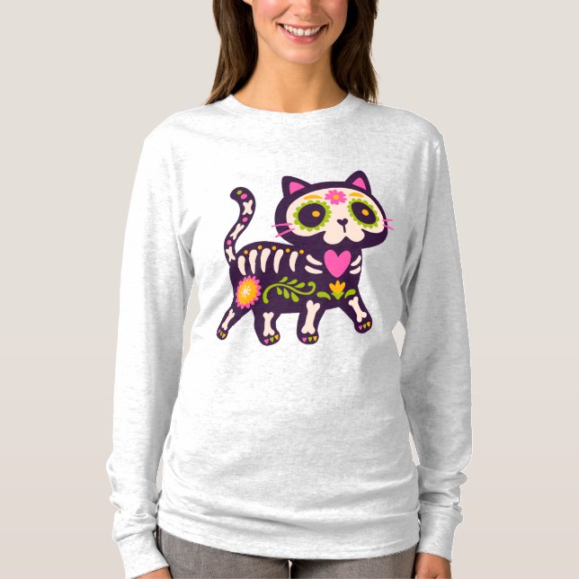 Blommig Katt Skelett Glädje T Shirt (Framsida)