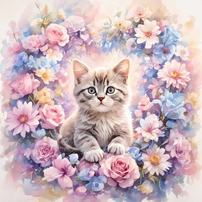 Blommig Katten Rund Kudd Kudde (Romantic Floral Kitten Round Throw Pillow)