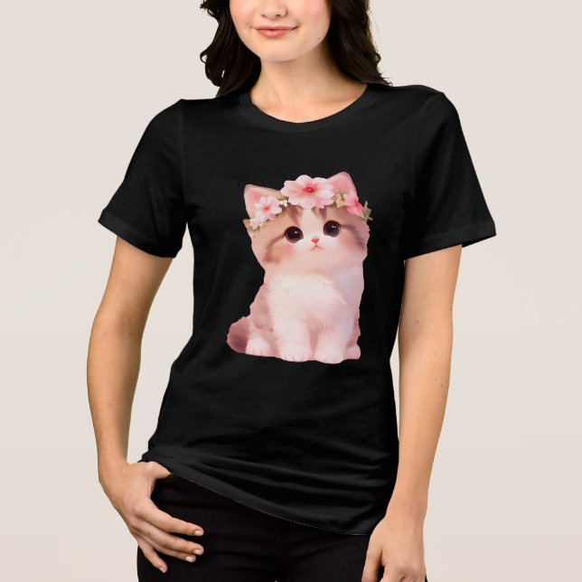 Blommig Kattkrona Charm T Shirt (Framsida)