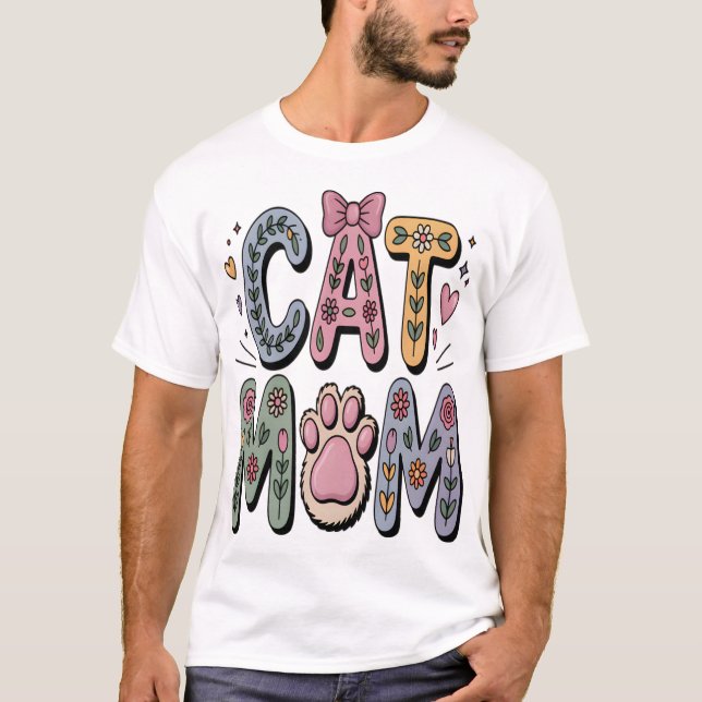 Blommig kattmamma med tassavtryck t shirt (Framsida)