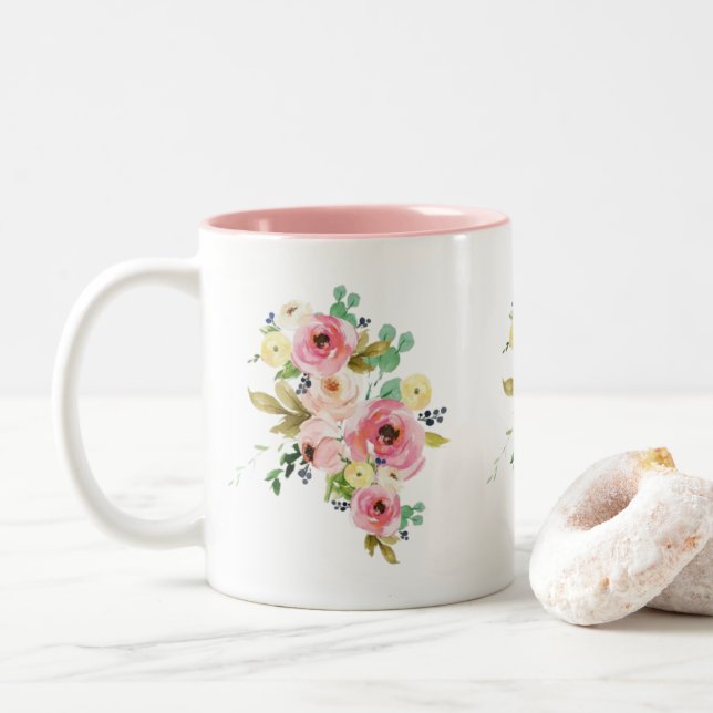Blommig Keramikkopp med Akvarelldesign Två-Tonad Mugg (Med munk)