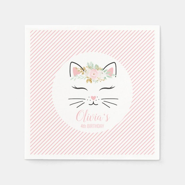 Blommig Kitty Födelsedagsfest servetter kattansikt (Framsidan)