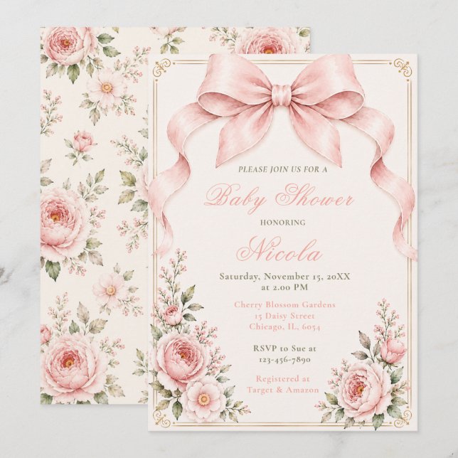 Blommig Kokett Babyshower Inbjudningar (Fram/baksida)