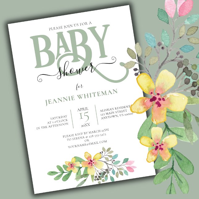 Blommig Könsneutral Barnkalas Inbjudan (Floral Baby Shower Invitation)