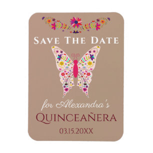 Blommig konst Fjäril Quinceanera Spara datum Magnet