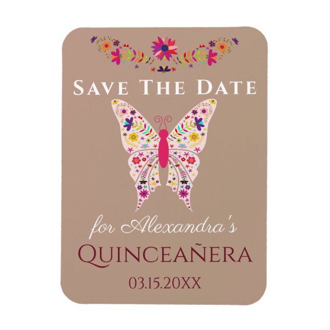 Blommig konst Fjäril Quinceanera Spara datum Magnet (Vertikal)