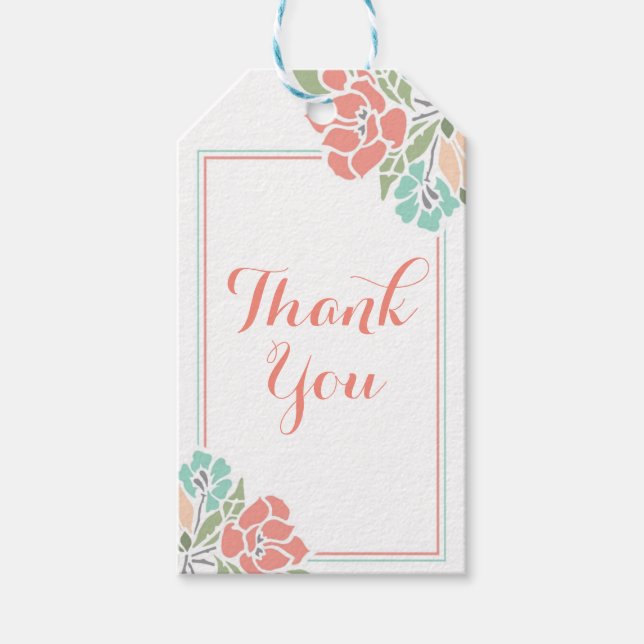 Blommig korallteal tack presentetikett (Framsidan)