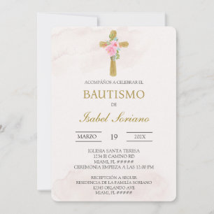 Blommig kors beige spansk dopceremoni inbjudningar