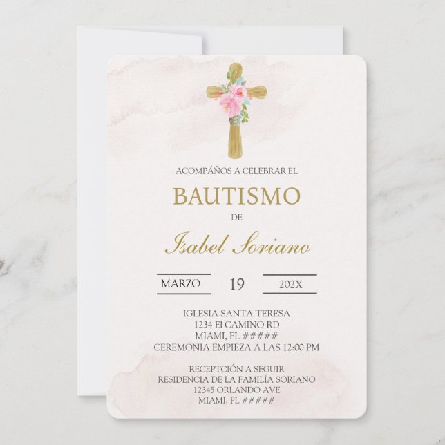 Blommig kors beige spansk dopceremoni inbjudningar (Framsida)