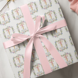 Blommig kors för första kommunion med rosa slinga presentpapper