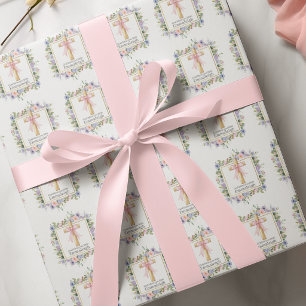 Blommig kors för första kommunion med rosa slinga presentpapper