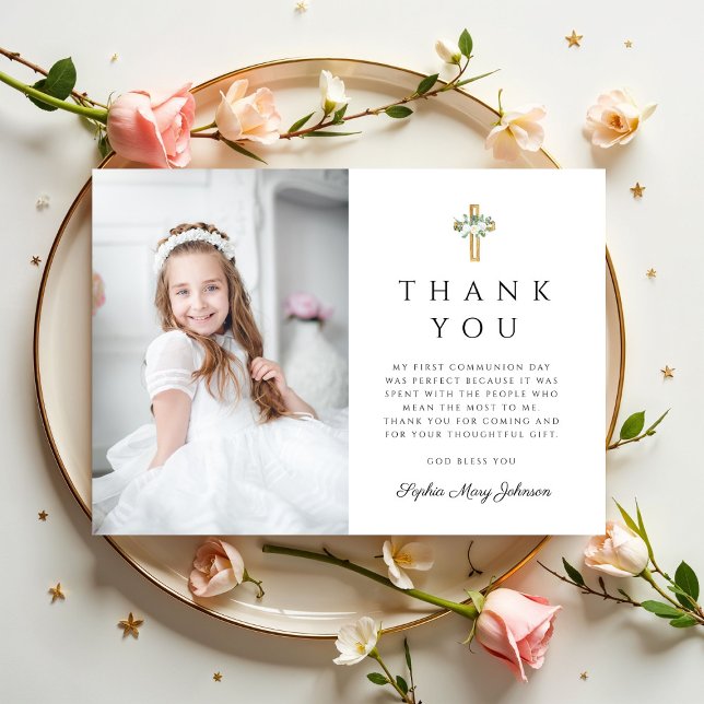 Blommig Kors Foto Flicka Första Kommunion Tack Kort (Floral Cross Photo Girl First Communion Thank You Card)
