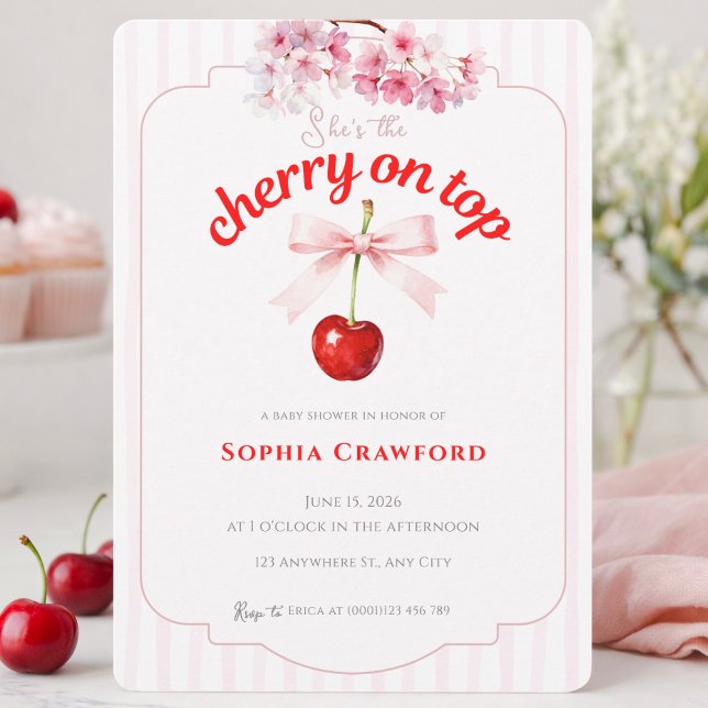 Blommig Körsbär på toppen Rosa Röd Bebisdopp Inbjudningar (Floral Cherry on Top Pink Red Baby Shower Invitation)