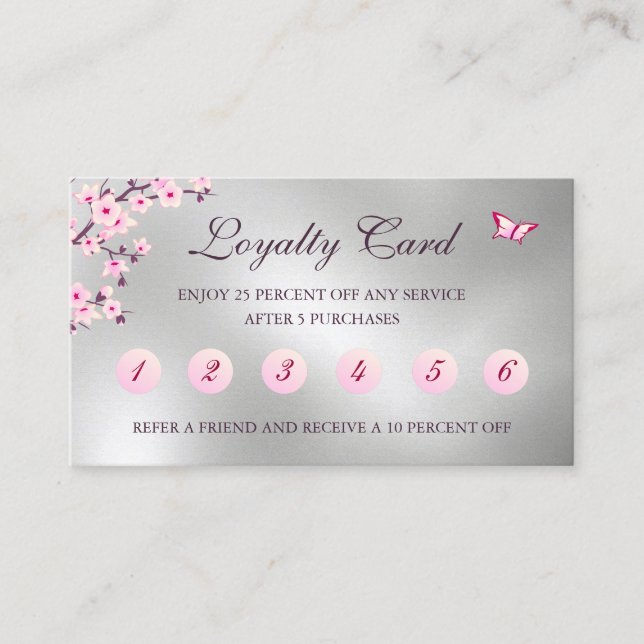 Blommig körsbärsblom Loyalty Card Rosa Silver Visitkort (Framsida)
