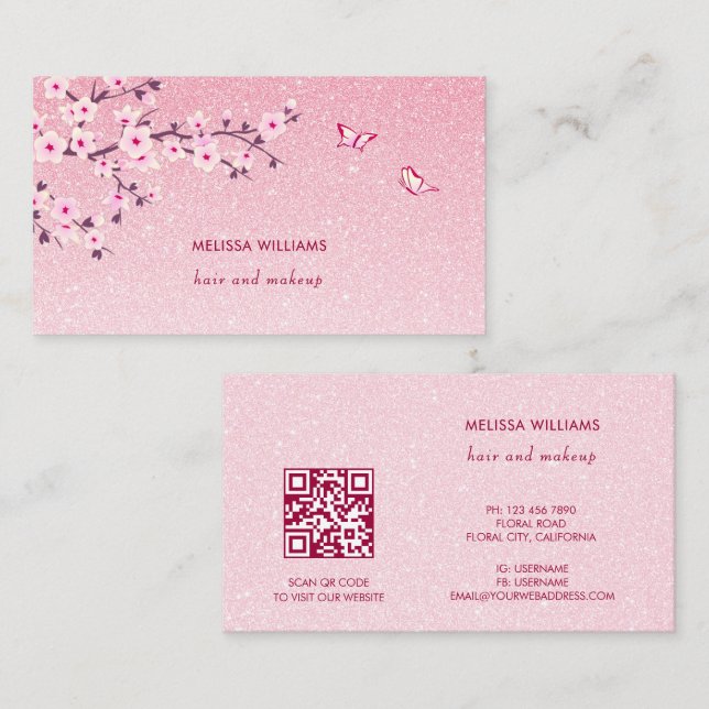 Blommig Körsbärsblom Rosa Glitter QR-kod Visitkort (Fram/baksida)