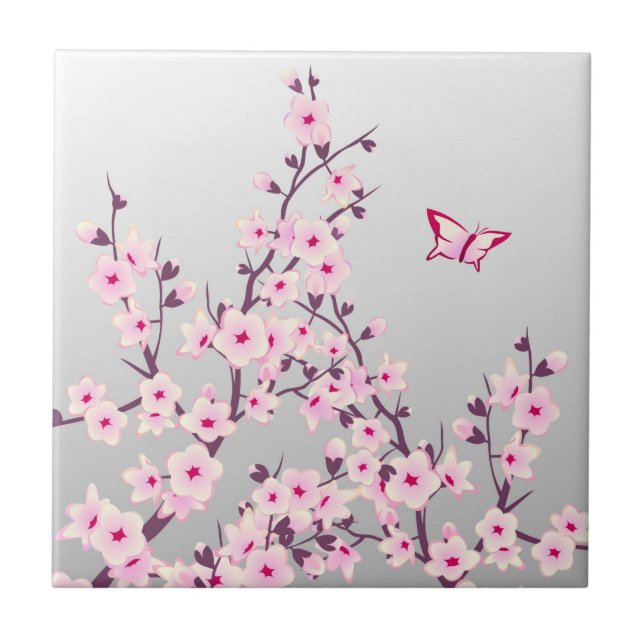 Blommig körsbärsblomfjäril Rosa Grå Kakelplatta (Framsidan)