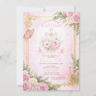 Blommig korsblush rosa dopinbjudan för flicka inbjudningar