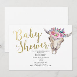 Blommig Kowskalle Guld Boho Baby Shower Inbjudan