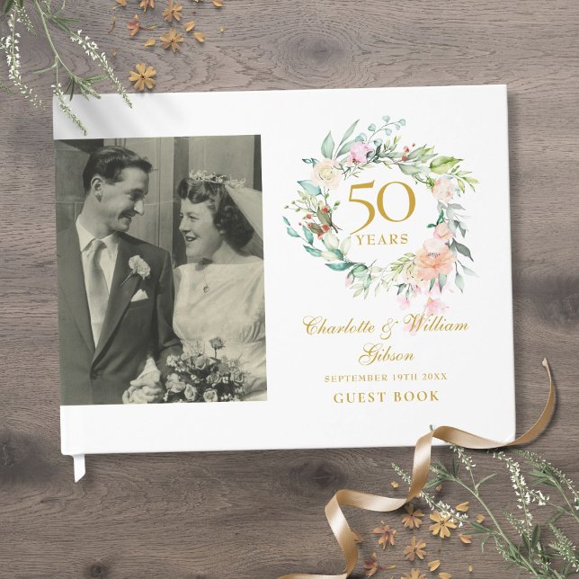 Blommig Krans 50-års Bröllopsjubileum Foto Gästböcker (Floral Garland 50th Wedding Anniversary Photo Guest Book)