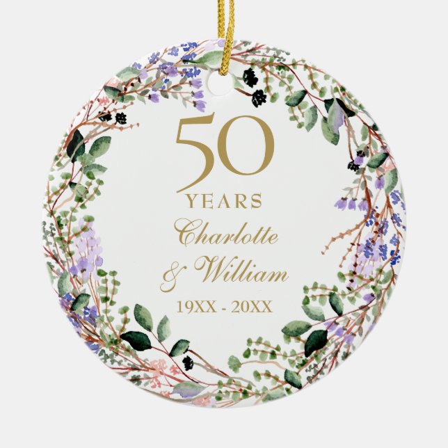 Blommig krans 50-års bröllopsjubileum  julgransprydnad keramik (Framsidan)