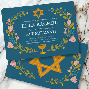 Blommig krans Bat Mitzvah Handritad Anpassad Inbjudningar