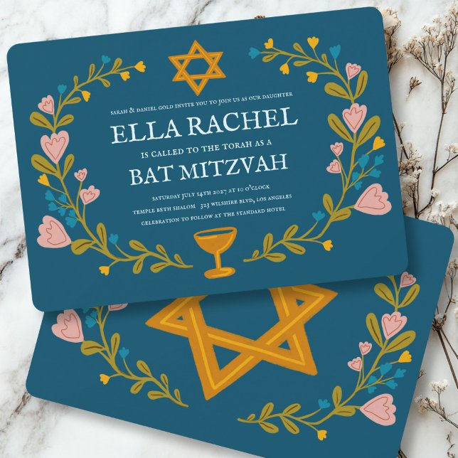 Blommig krans Bat Mitzvah Handritad Anpassad  Inbjudningar (Floral Wreath Bat Mitzvah Hand-drawn Custom Invitation
)