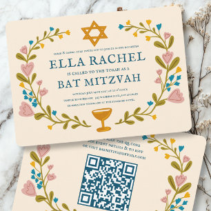 Blommig krans Bat Mitzvah Handritad Anpassad QR-ko Inbjudningar