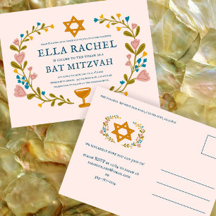 Blommig krans Bat Mitzvah Handritad specialdesign Vykort