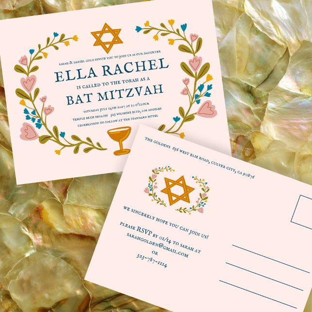 Blommig krans Bat Mitzvah Handritad specialdesign Vykort (Floral Wreath Bat Mitzvah Invitation Hand-drawn Custom Postcard
)