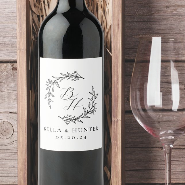 Blommig krans bröllopsinitial monogram vinflaska etikett (Skapare uppladdad)
