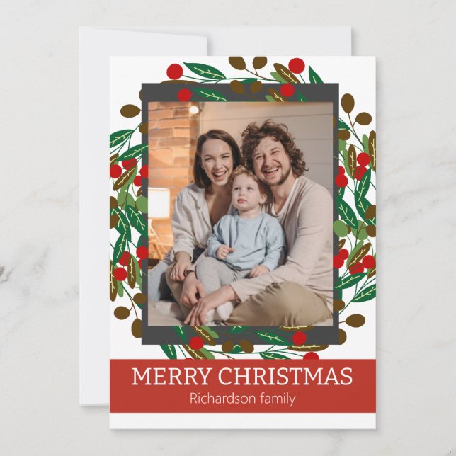 Blommig krans Elegant familj jul foto Julkort (Framsida)