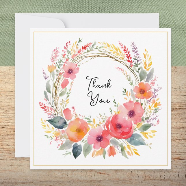 Blommig Krans Elegant Vacker Akvarell Tack Kort (A pretty thank you card with summer florals design in pink, orange and green)