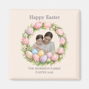 Blommig krans & familjefoto Personlig Påsk Magnet