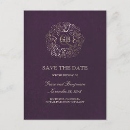 Blommig krans guld och plommon vintage spar datum meddelande vykort