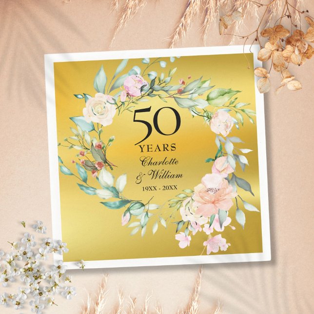 Blommig krans guldfolie 50-års bröllopsjubileum pappersservett (Floral Garland Gold Foil 50th Wedding Anniversary Napkins)