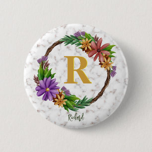 Blommig krans Initial bokstav Monogram Namn Marmor Knapp