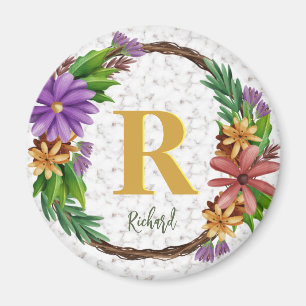 Blommig krans Initial bokstav Monogram Namn Marmor Magnet