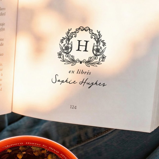Blommig Krans Klassisk Monogram Ex Libris Bok Självfärgande Stämpel (Skapare uppladdad)