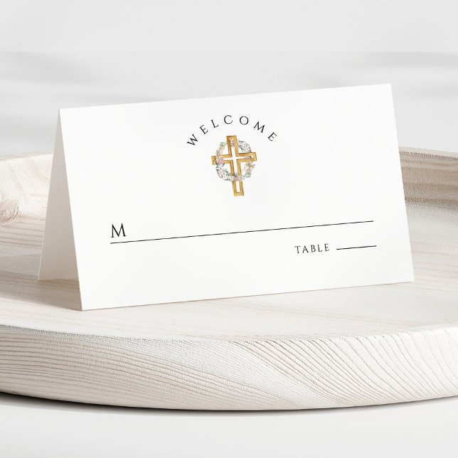 Blommig krans kors första kommunion placeringskort (Front - Floral Wreath Cross First Communion Place Card)