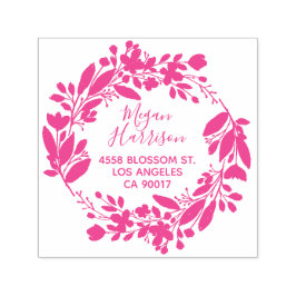 Blommig krans kursiv fuchsia returadress självfärgande stämpel