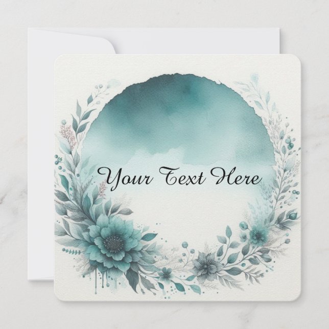 Blommig krans med teal akrylfärg bakgrund  inbjudningar (Framsida)