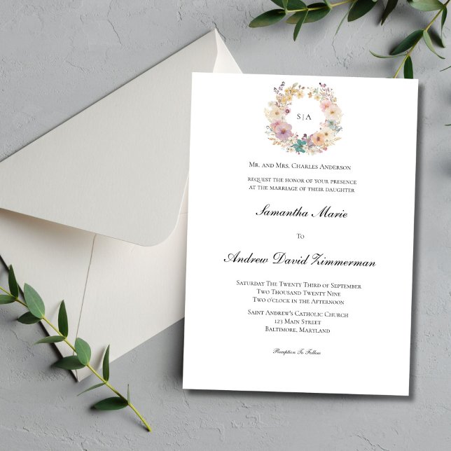 Blommig Krans Monogram Traditionell Formell Bröllo Inbjudningar (Pastel Floral Wreath Monogram Wedding Invitation. Traditional Formal elegant minimalist. Printed )