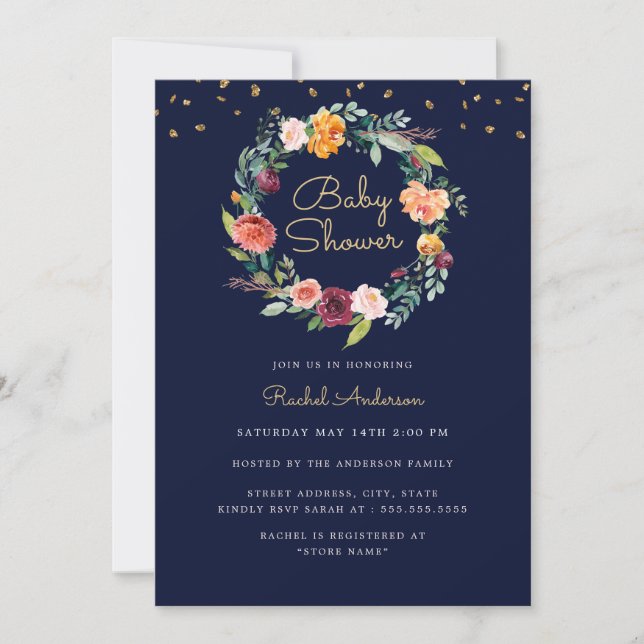 Blommig krans Navy Guld Baby Shower Inbjudningar (Framsida)