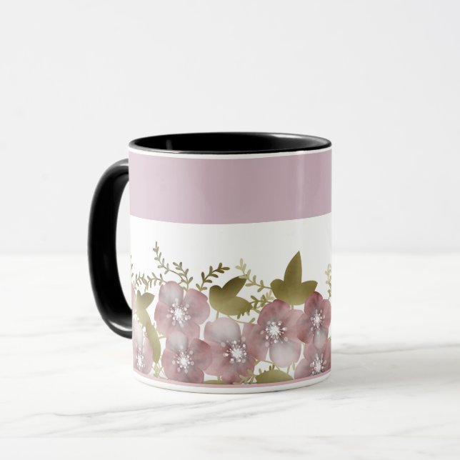 Blommig krans vår sommar rosa blommor gröna blad mugg (Framsida vänster)