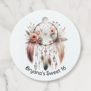 Blommig kristallfjäderdrömmfångare Boho Sweet 16 Gåvor Etiketter