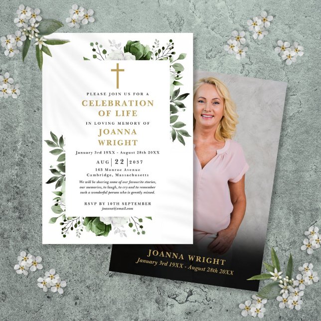 Blommig kristen fotofirande av liv   inbjudningar (Floral Christian Photo Celebration Of Life Invitation)