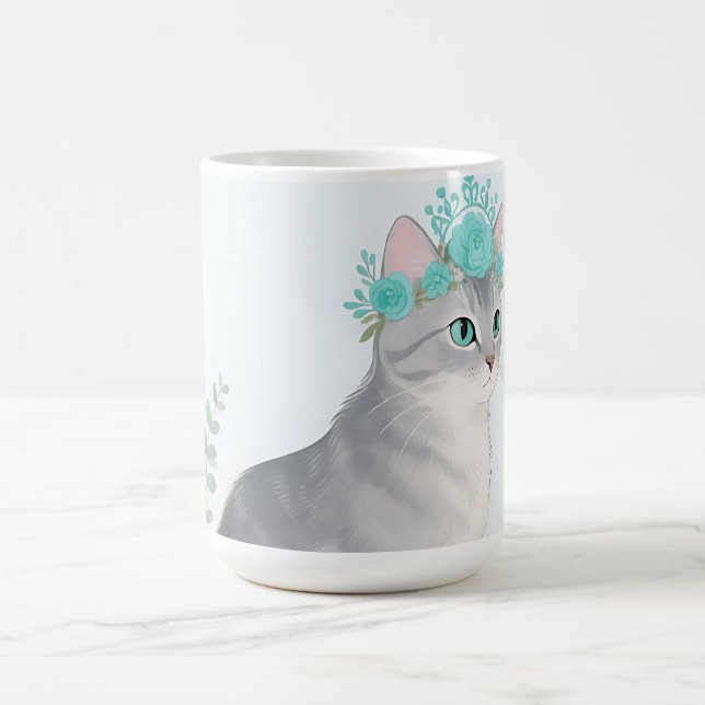 Blommig Kron Grå Katt Kaffemugg (Center)