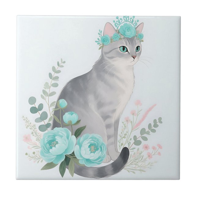 Blommig Kron Grå Katt Kakelplatta (Framsidan)