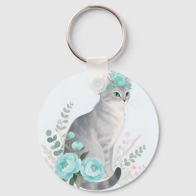 Blommig Kron Grå Katt Nyckelring (Framsida)