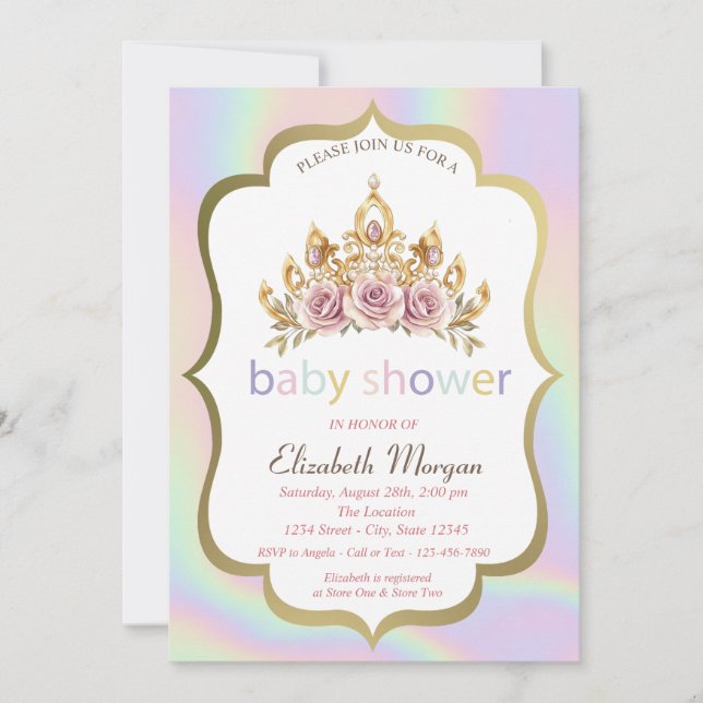 Blommig Krona, Holografisk Baby Shower Inbjudningar (Framsida)